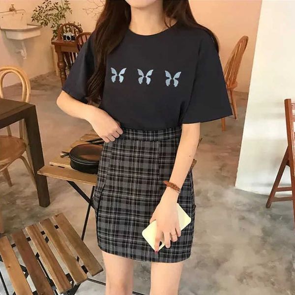 

korea ulzzang two-piece suit butterfly fashion casual kawaii high waist plaid skirt uniform set women clothing harajuku y2k 210608, White