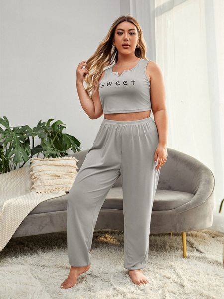 

plus letter graphic notched neck pj set r6hi#, Black;white