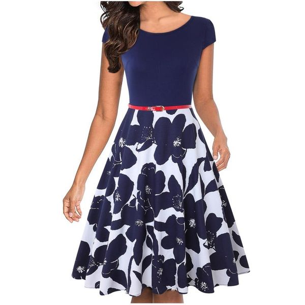 

casual dresses floral printed swing cocktail party dress women short sleeve elegant wedding guest a-line patchwork vintage 40#, Black;gray