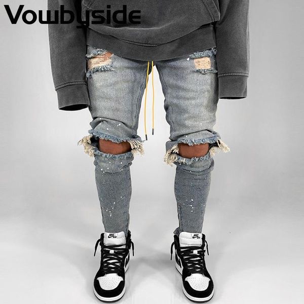 

men's jeans high street fashion distressed holes skinny men casual denim pencil pants drawstring ripped hip hop 4ere, Blue