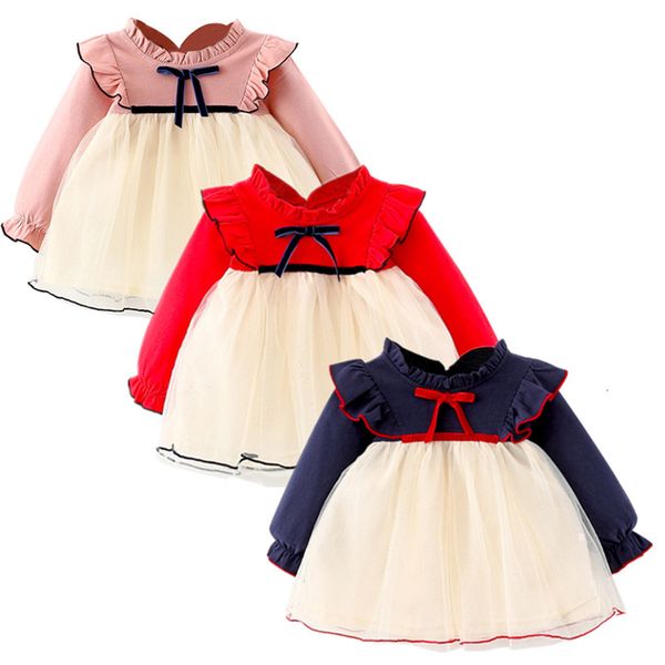 

girl's girls long sleeve bow knot mesh dresses for 1-3yrs toddler infant casual clothing outfits kids baby tutu dress 1027, Red;yellow
