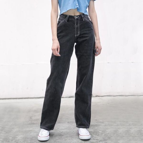 

women's jeans women high-rise faded black denim with white stitching straight leg pants, Blue