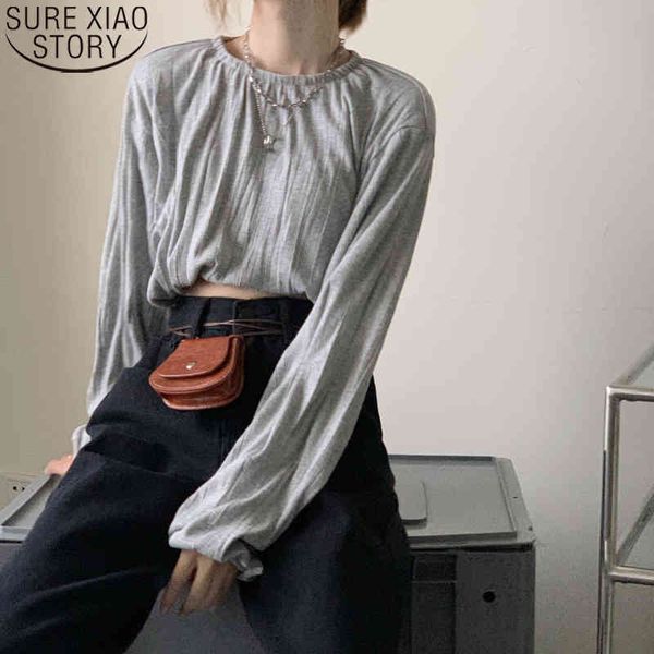 

women long sleeve cotton blouse fall short crop korean fashion clothing loose shirt blusas o-neck casual blouses 12346 210417, White