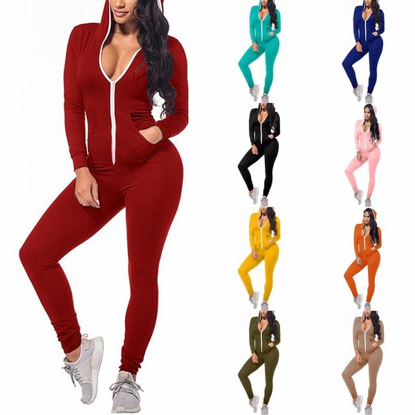 

autumn women sport jumpsuit fashion zipper hooded long sleeve black bodysuit female casual solid color fitness bodycon jumpsuit 210414, Black;white