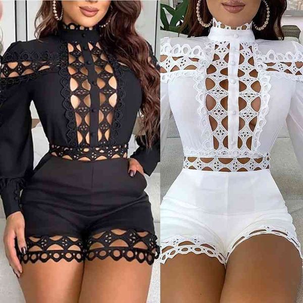 

ins test women solid hollow out jumpsuits female's stand collar full y sleeves short rompers fitness nightclub party, Black;white