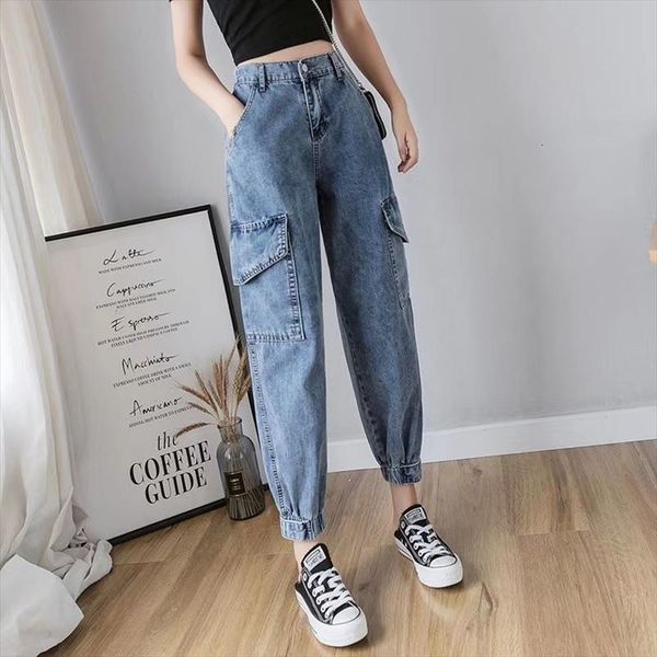 

big pockets plus size cargo womens pants jeans stretch loose denim high waist streetwear mujer pantalones, Black;white