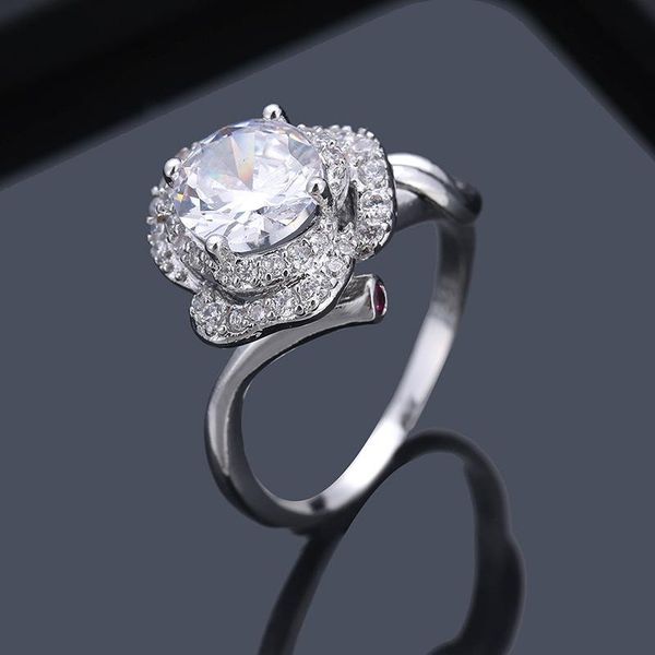 

wedding rings romantic silver color zirconia rose flower shaped princess exquisite shiny crystal for women party jewelry, Slivery;golden