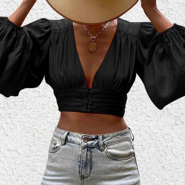 

women's sweaters women frence style crop t-shirt adults solid color fashion lantern sleeve deep v-neck shirt trendy personality bl, White;black