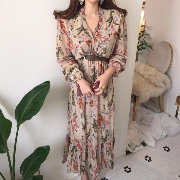 

casual dresses korean style spring chic elegant floral print chiffon midi dress vintage long sleeve v-neck party slim clothes, Black;gray