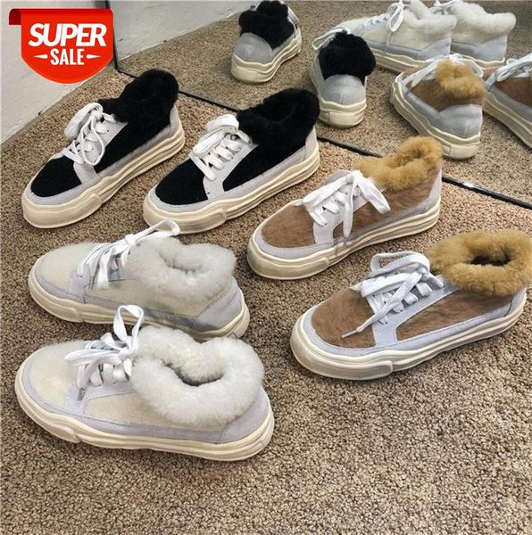

chic korea leather plush thick-soled shoes women's front lace-up mink fur color-block platform warm cotton #lx6c