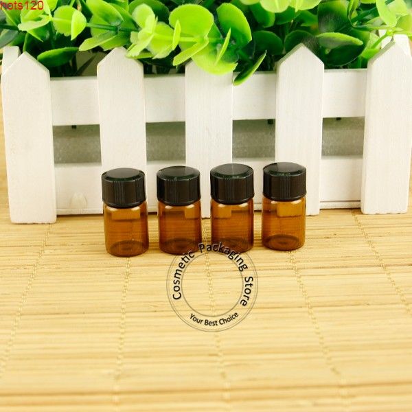 Commercio all'ingrosso 100 pz/lotto Vetro 3 ml Ambra Bottiglia di Olio Essenziale Mini 1/10 OZ Coperchio Nero Piccole Donne Vaso Cosmetico Campione Fiala Refillablehood qty