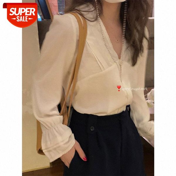 

korean v-neck lace blouse women's thin temperament long-sleeved bottoming shirt trend agent hair #9p0g, White