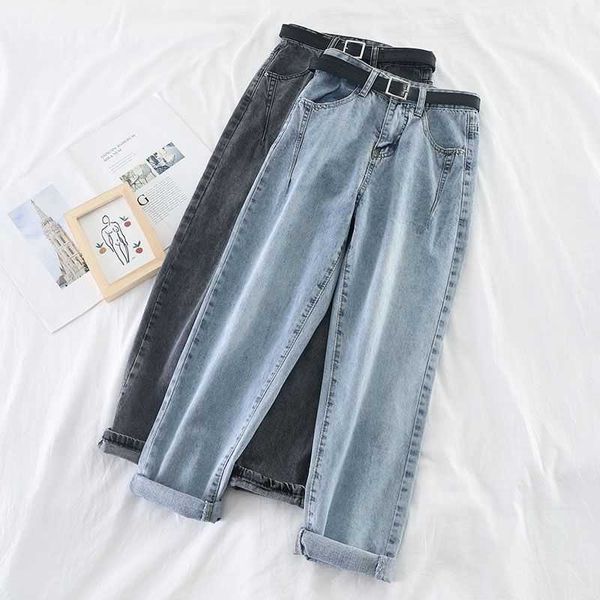

korean high waist jeans women harem pants loose casual plus size high street denim trousers pantalon femme vintage with belt b90 210616, Blue