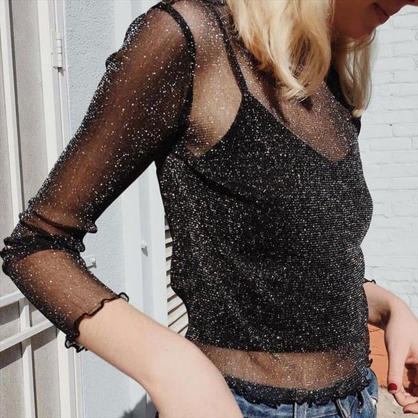 

glitter sheer mesh women t shirts long sleeve casual perspective hollow out tee basic shirt jl, White