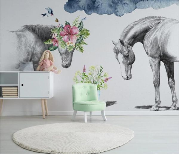

wallpapers xue su large custom mural wallpaper nordic creative flowers black and white couple horse tv background wall