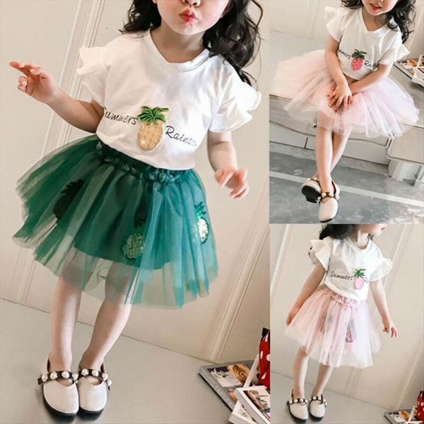 

2pcs set girl clothes sets pineapple print lace tutu skirt tee shirt outfits, White