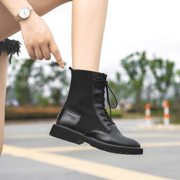 

boots 2021 net red round head lace up fashion fairy versatile thick heel, Black