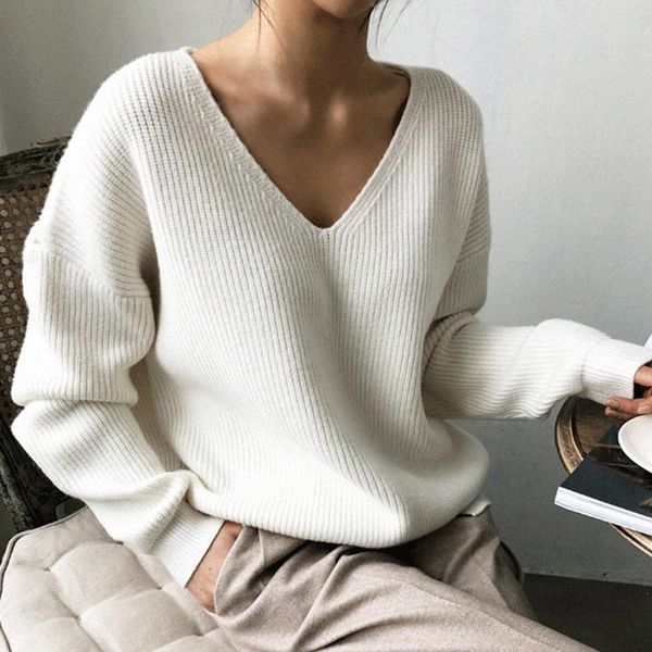 

women's sweaters womens 2021 autumn winter casual v neck women pullover sweater solid long sleeve loose knitted cashmere top, White;black