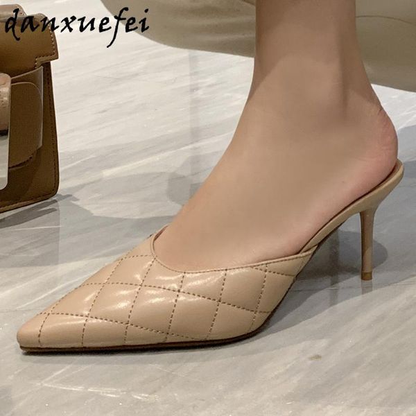 

dress shoes women's great pu leather slip-on pumps elegant ladies thin high heel pointed toe summer mules quality sandals, Black