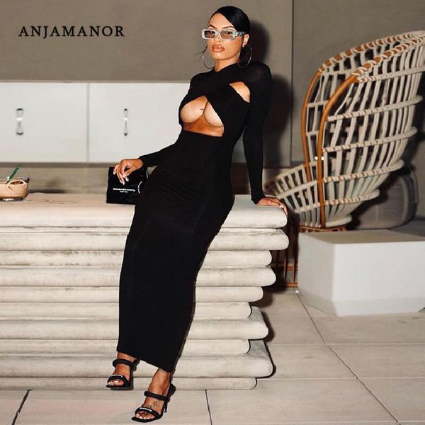 

casual dresses anjamanor cross hollow out long sleeve maxi for women party club outfits black white bodycon dress d85-cf27, Black;gray