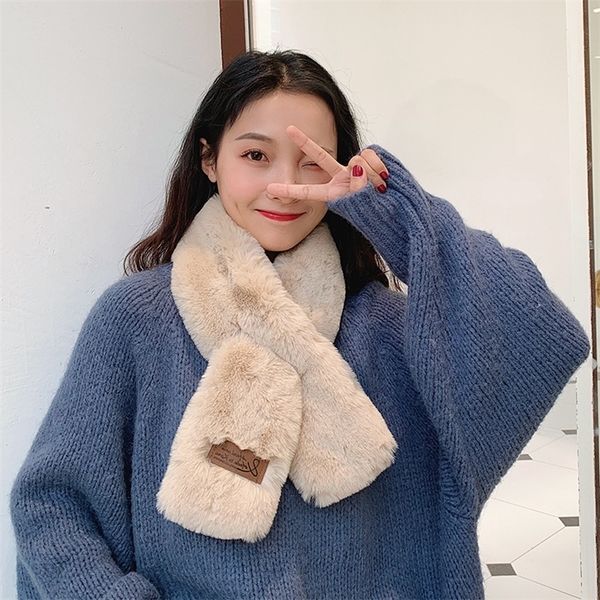 

winter imitation rex rabbit hair scarf female korean version solid color lengthened leather label bib thickened plush warm, Blue;black