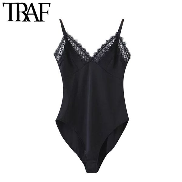 

traf women fashion with lace trims skinny bodysuits vintage backless thin straps female playsuits chic 210415, Black;white