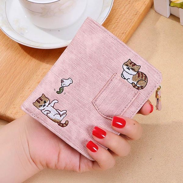 

wallets design wallet women embroidery cat zipper coin purse short women's mini cards holder bag carteras mujer, Red;black