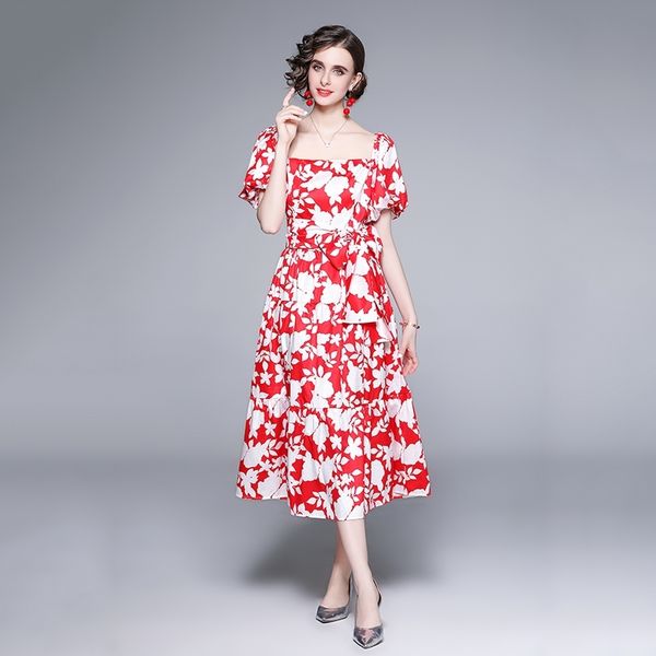 

summer runway dress women square collar puff sleeve floral print vintage party vestidos robe n61136 210603, Black;gray