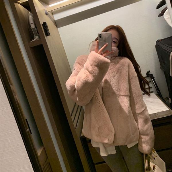 

women's fur & faux 2021 autumn winter solid color ladies coat thick warm women outwear female cotton high quality, Black