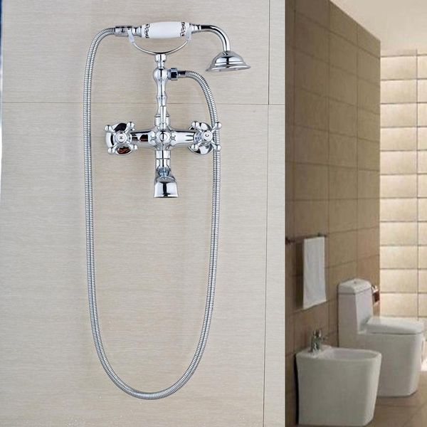 

dual handles wall mounted ceramic valve bathroom shower faucet w/ hand sets