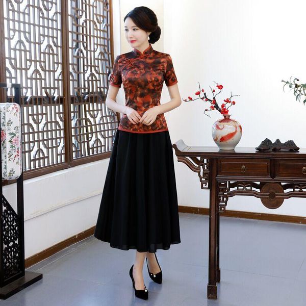 

plus size s-4xl women blouse skirt sets summer silk short sleeve shirt vintage chinese style mandarin collar clothing flower women's tw, White