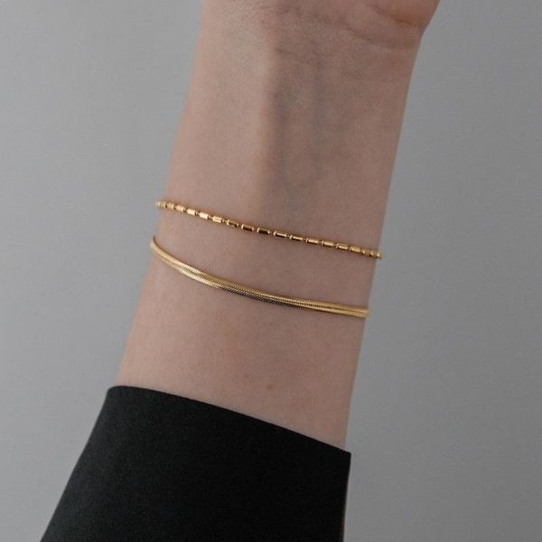 

link, chain titanium steel bracelets for women 18k gold jewelry kpop trendy normcore fashion 15cm double layer snake bone beads, Black