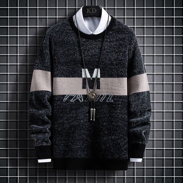 

sweater knit autumn and winter men's casual thickened round neck pullover jacquard ting backing wear, White;black