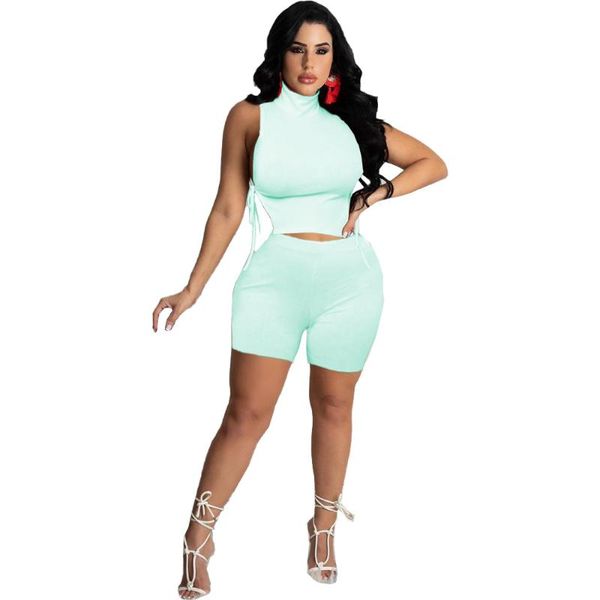 

women's tracksuits arrivals 2021 high collar sleeveless solid color summer side tie casual two-piece suit 2 piece set women, Gray