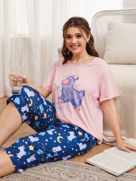 

plus letter & cartoon graphic pajama set h9sx#, Black;white