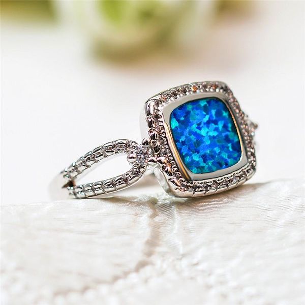 

wedding rings cute female 925 silver geometric ring boho blue fire opal stone promise love engagement for women vintage jewelry, Slivery;golden