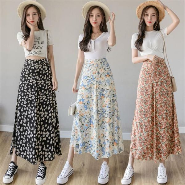 

summer floral high waist drape women capri double layer loose chiffon wide leg pants harajuku ankle length pant skirts, Black;white