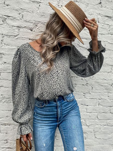 

all over print flounce sleeve blouse m20w#, White