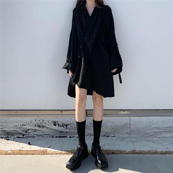 

women dress irregular patchwork black shirt dresses long sleeve asymmetry vintage spring autumn outfit casual, Black;gray