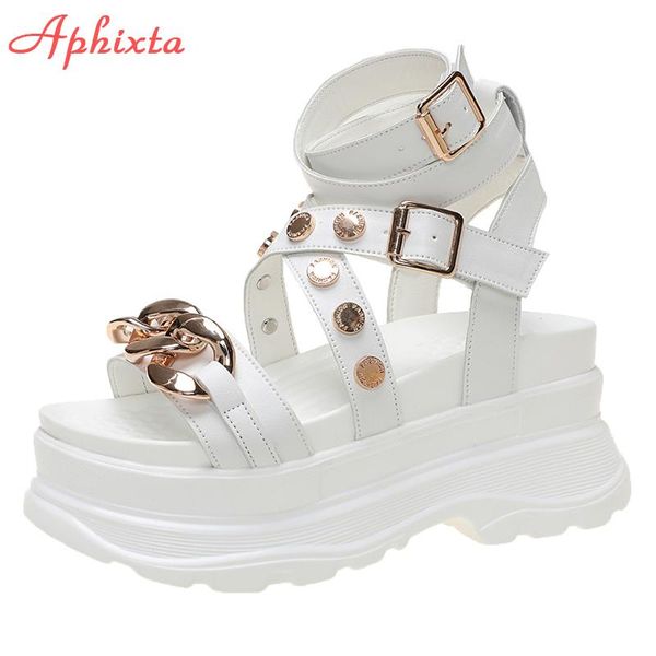 

aphixta buckle roman platfom sandals women fashion metal rivets chain decoration 3.15 inch heel height increaming shoes, Black