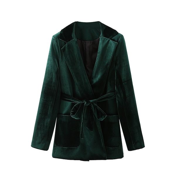 Элегантные женские темно-зеленые бархатные пиджаки моды дамы устремляет крест цепь уличные женские шикарные карманные куртки 210430