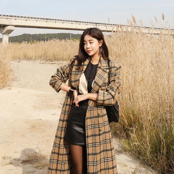 

women's wool & blends autumn winter chic turn-down neck long overcoats women elegant full sleeve loose female blazer coats plaid workwe, Black