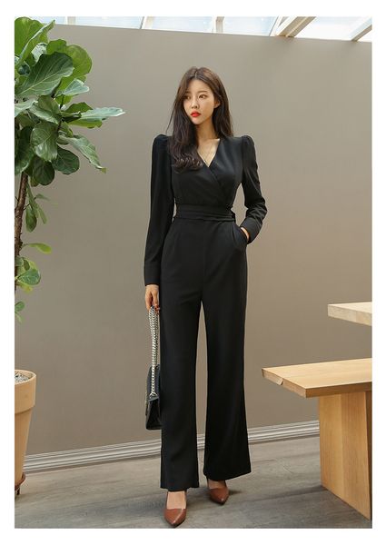 

spring and autumn v-neck elegant black professional casual long sleeve straight jumpsuit women 210514, Black;white