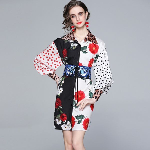 

fashion single-breasted lantern sleeve women elegant leopard contrast color flower printed loose bandage mini shirt dresses 210514, Black;gray