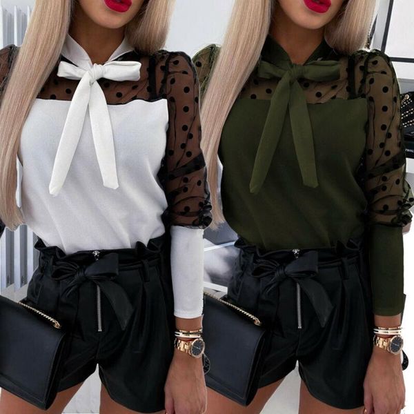 

women's blouses & shirts women puff long sleeve t-shirt see-through sheer mesh patchwork loose autumn spring string bandage ladies 2021, White