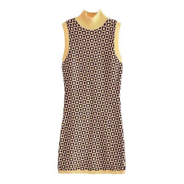 

casual dresses xikom 2021 autumn plaid sweater dress women mock neck sleeveless knitted england style slim bodycon, Black;gray