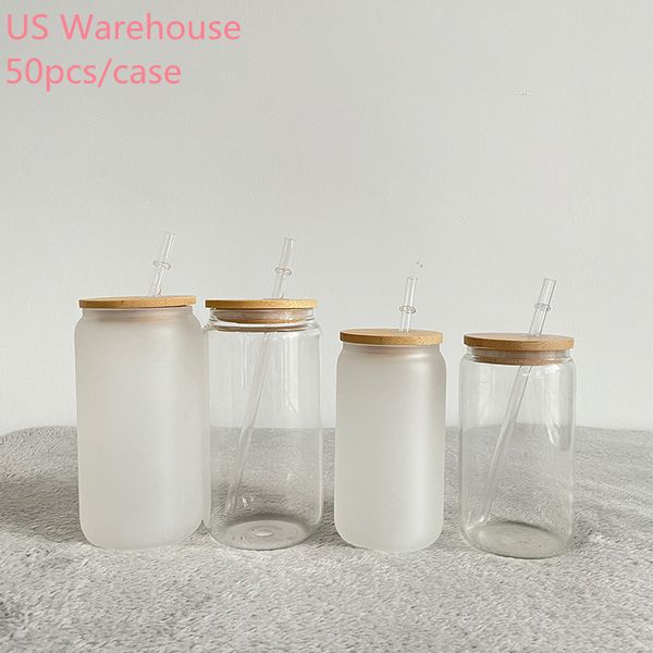 

us warehouse 12/16oz sublimation glass can beer mugs tumbler with bamboo lid straw 12oz 16oz 25oz diy blanks frosted clear can shaped tumble