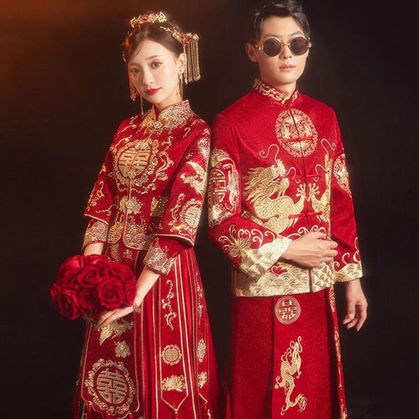 

ethnic clothing oversize lovers wedding chinese style marriage set bride bridegroom cheongsam exquisite embroidery toast s-6xl, Red