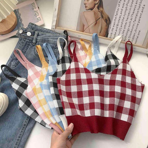 

summer korean camisole for womens retro casual solid color check plaid v-neck short sleeveless knitted camisole women 210514, White