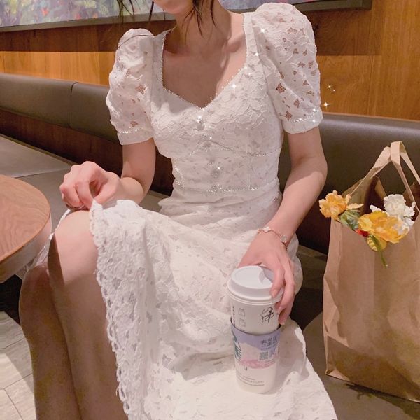 

korean v-neck elegant vingate chic dress women sweet puff sleeve lace hollow out party dress females summer 210518, Black;gray